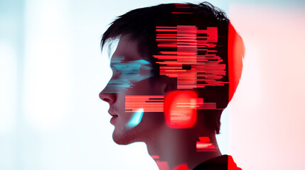 Profile of programmer with code and data visualization overlay, representing the process of software development and coding