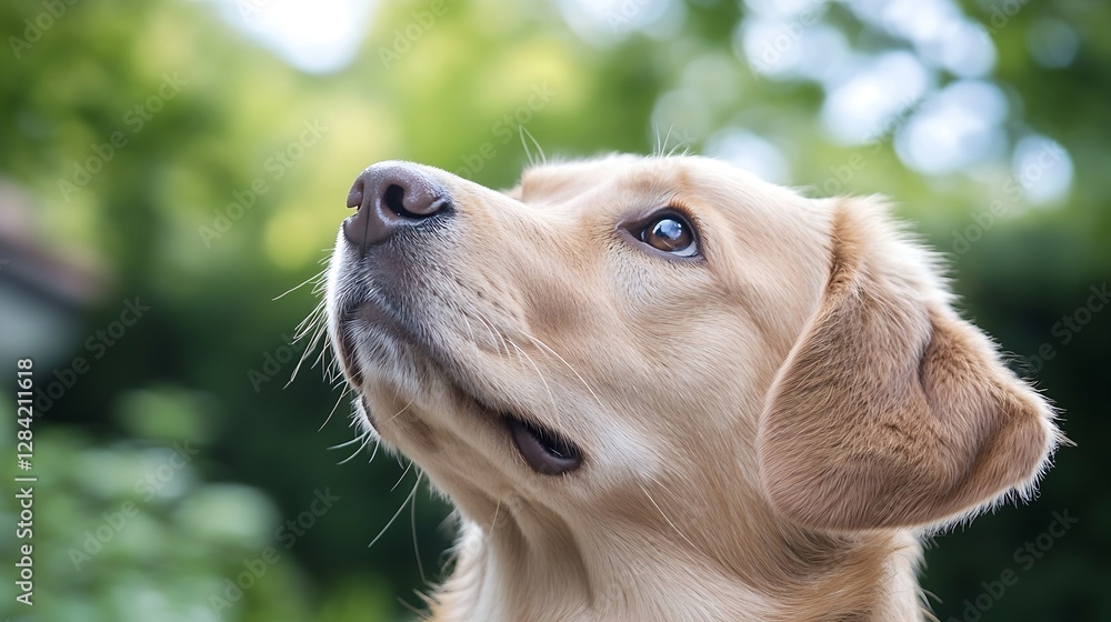 Poster Golden Labrador Dog Looking Up in Nature with a Soft Background of Greenery : Generative AI