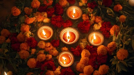 Traditional Diya Oil Lamps Encircled by Flowers.