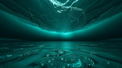 Dramatic Underwater Teal Scene, Low Angle Perspective, Luxurious Deep Ocean, Generative AI.