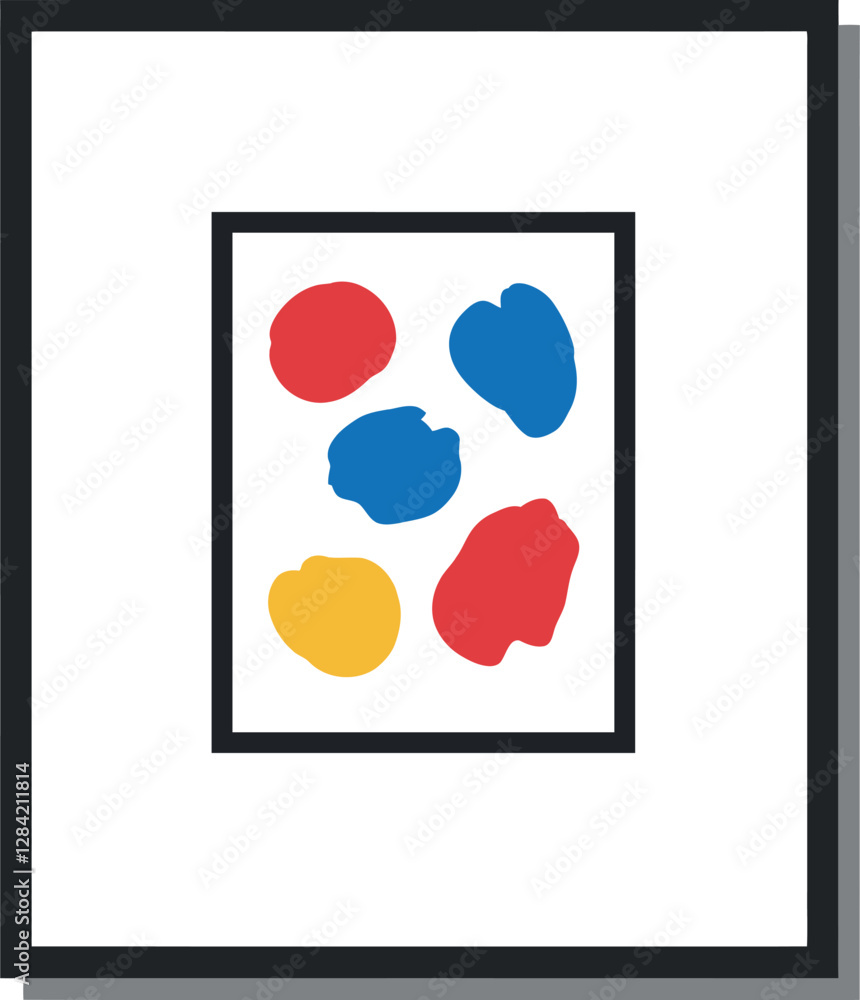 Poster abstract composition featuring colorful shapes in a minimalistic frame, showcasing a flat design aes