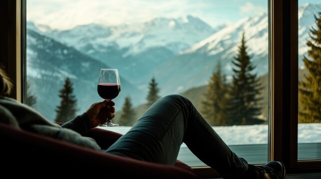 Moderate drinking at a luxurious mountain lodge with panoramic views. Featuring luxury and adventure