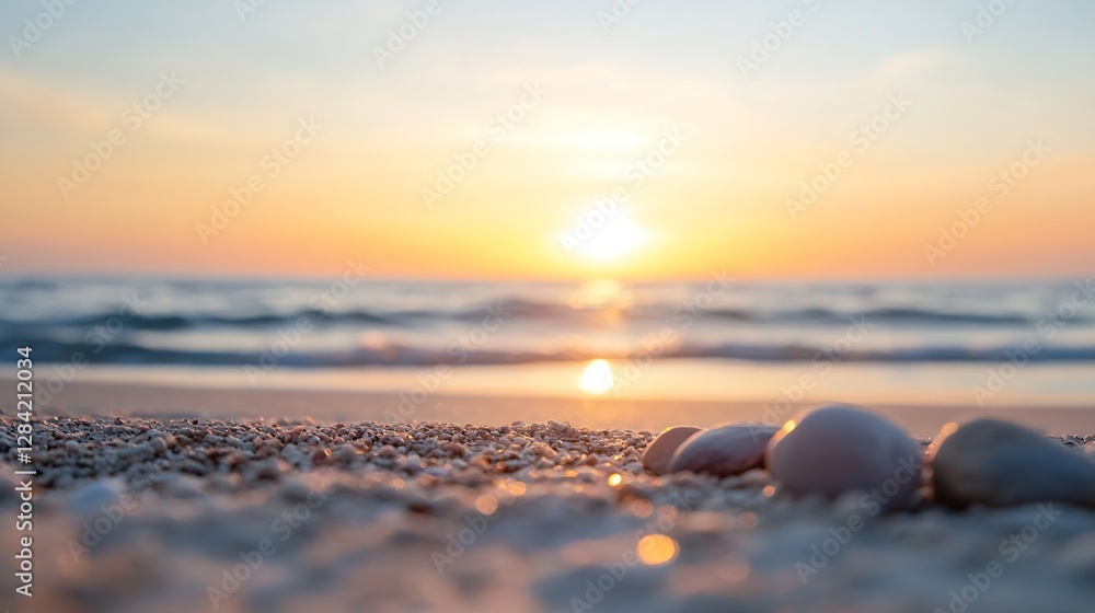 Poster serene beach landscape at sunset with soft waves and polished pebbles on the shore : generative ai