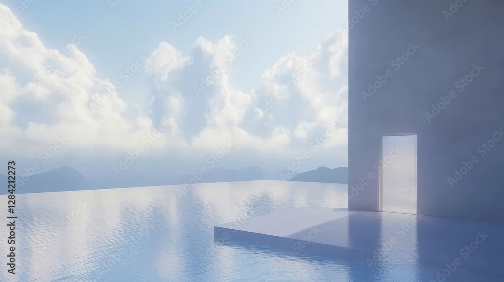 Poster glowing doorway leads to an enchanting alternate dimension in a tranquil, empty space