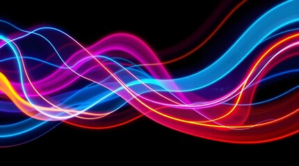 Naklejka premium Vibrant Neon Light Painting, Abstract Wavy Lines, Dynamic Motion, Generative AI.