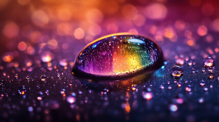 Macro shot of water droplet reflecting rainbow colors against dark background. Concept of natural beauty, abstract art and color theory