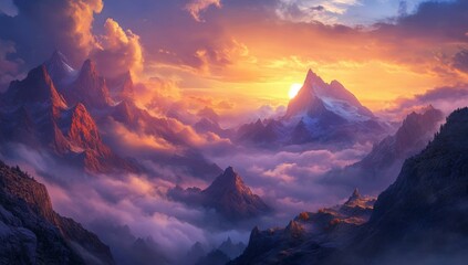 Majestic mountain range with glowing clouds and vibrant sunset colors