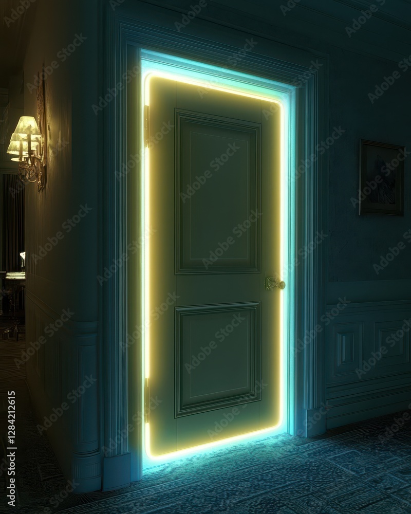 Poster glowing doorway beckons into a surreal realm of alternate dimensions and digital realities