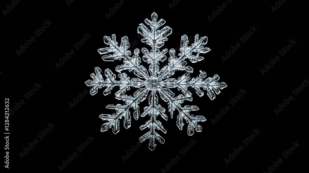 Poster intricate crystal snowflake on black background highlighting symmetrical patterns