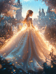 fairy tale princess with a flowing golden gown,