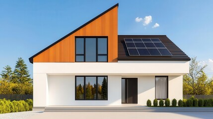 Fototapeta premium Modern single detached house with rooftop solar panels and minimalist design, Real Estate Single Detached House Energy Efficiency, sustainable contemporary living