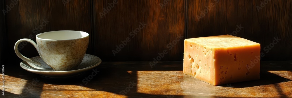 Poster Floating Cube of Cheddar Cheese in Serene Minimalistic Space With Soft Shadow Play