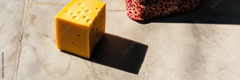 Poster floating cheddar cheese cube creates a stunning contrast in empty space and illumination on marble