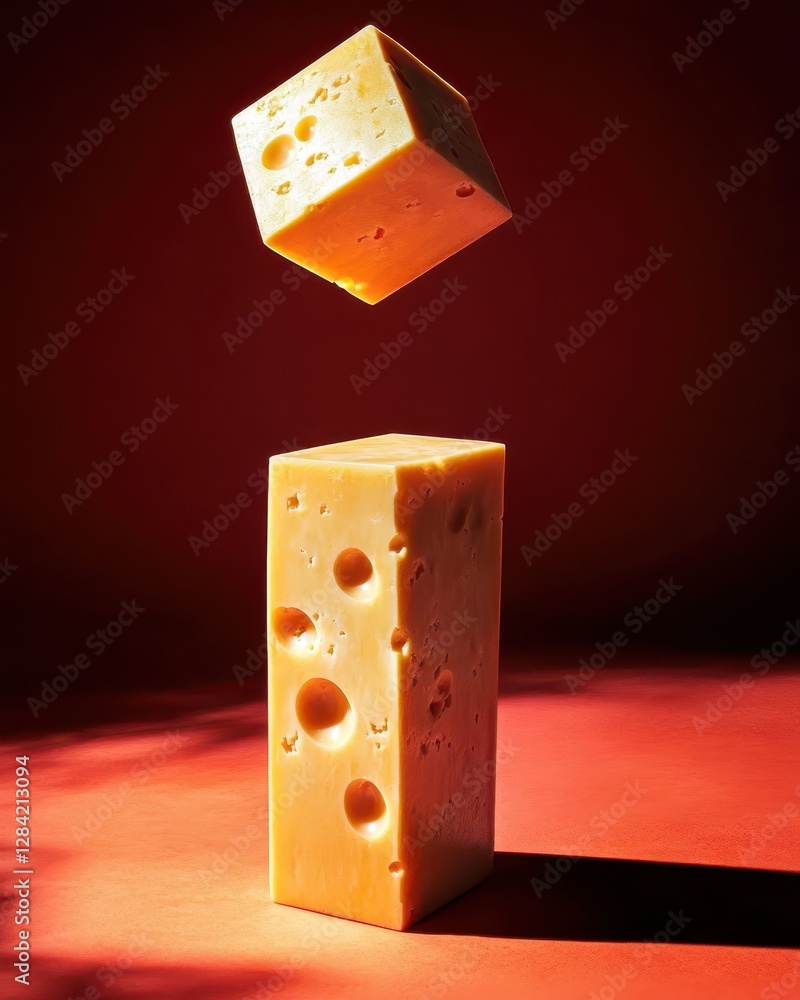 Poster Floating Cheddar Cheese Cube Casts a Gentle Shadow in a Simplistic Setting of Minimalistic Art