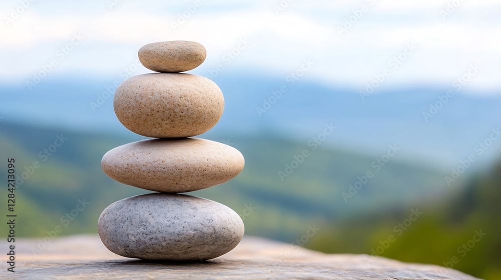 Poster balanced stack of smooth stones symbolizing tranquility and harmony in a serene natural landscape : 