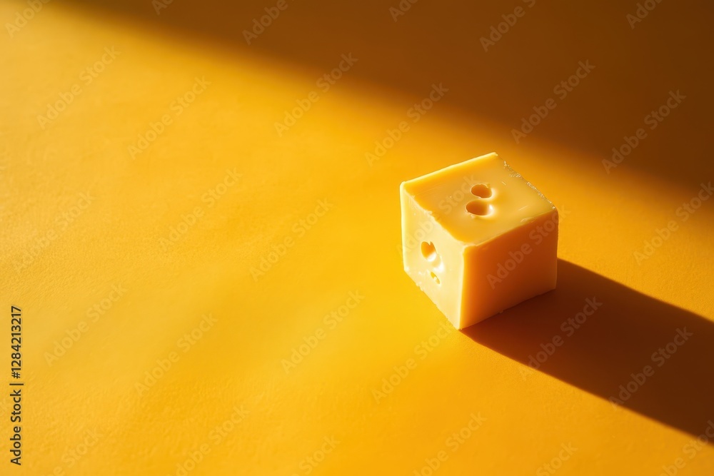 Poster Floating Cheddar Cheese Cube Casts Soft Shadow on Minimalistic Background in Calming Space