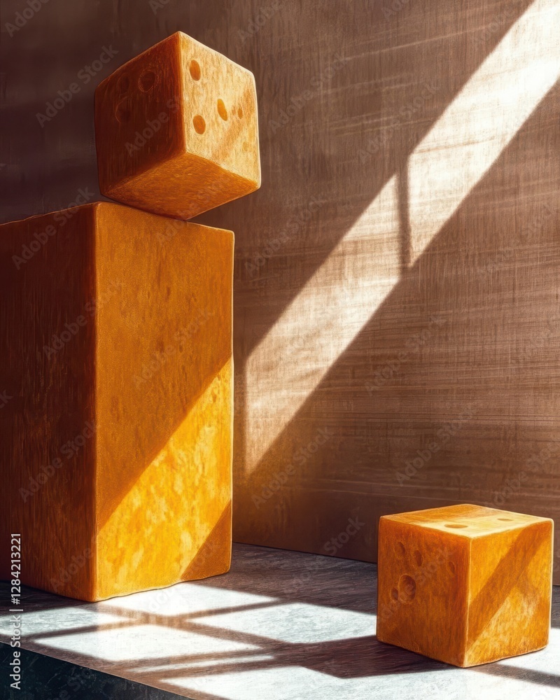 Aufkleber floating cheddar cheese cube exhibits minimalism and simplicity in an empty space
