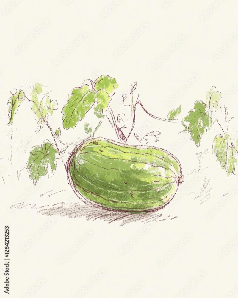 Poster elegant line drawing of a cucumber with green hue illustrating minimalism in art and nature