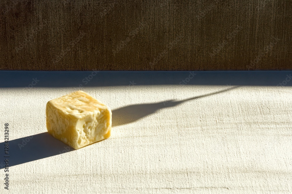 Aufkleber Cheddar Cheese Cube Floating in Empty Space, Casting Intricate Shadow in Minimalistic Display