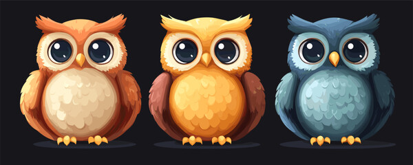 Fototapeta premium Flat vector icons set of colorful cartoon owls with large eyes.