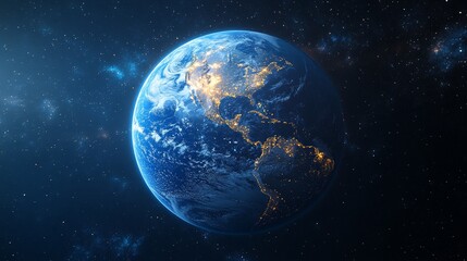Obraz premium Earth at night, showing city lights and cloud formations against a starry backdrop.