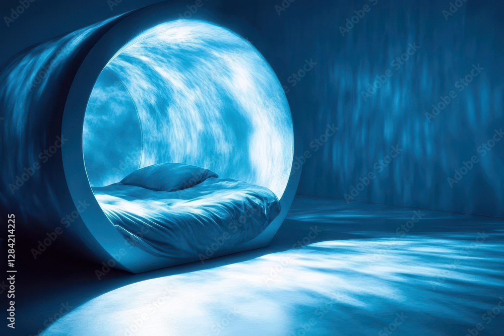 Poster sleek minimalistic sleep pod glowing in calming blue light for ultimate relaxation and deep sleep