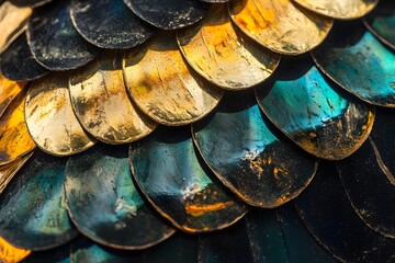 Macro Shot of Glossy Black and Gold Overlapping Cobra Scales with Iridescent Highlights