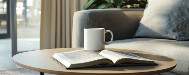 Cozy living room scene with open book and coffee mug on wooden table by a sofa