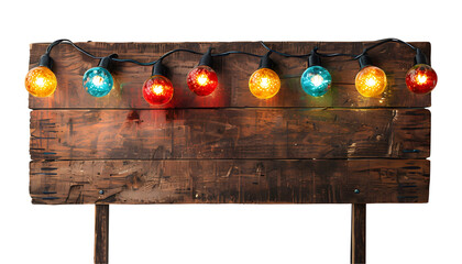 Rustic Wooden Signboard With Colorful Festoon Lights on a Transparent Background