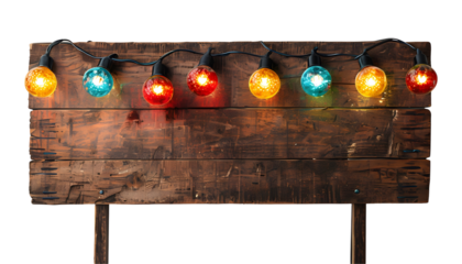 Rustic Wooden Signboard With Colorful Festoon Lights on a Transparent Background