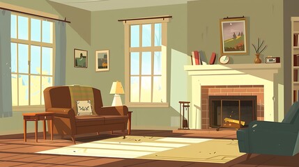there is a cartoon of a living room with a fireplace and a chair