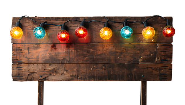 Rustic Wooden Signboard With Colorful Festoon Lights on a Transparent Background