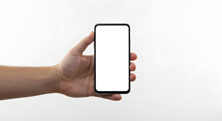 Male hand holding blank Android phone white backdrop studio lighting product demonstration clean
