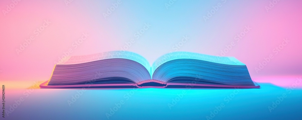 Poster illuminated open book shining with knowledge wisdom education reading on colorful background