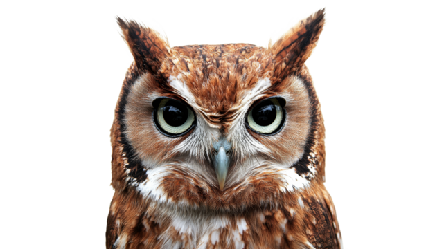 Brown owl with striking features stares intently