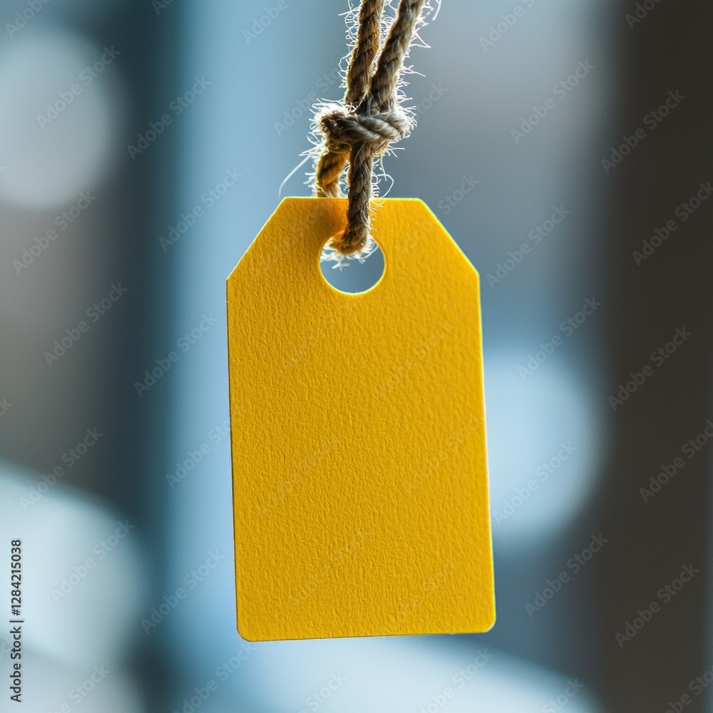 Poster hanging yellow tag attached with twine string featuring a minimalist design and soft background