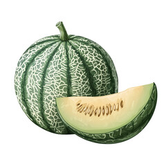 whole green melon isolated on transparent background