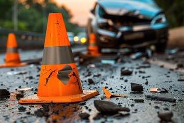 An orange traffic cone amidst debris from a recent car accident, with a damaged vehicle visible in the background, evoking a sense of urgency and caution. emergency response