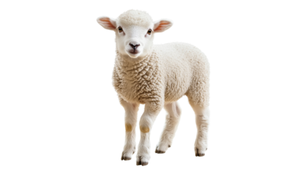 Cute baby sheep stands on white background