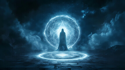 Ghostly apparition emerges from glowing mystic circle during occult ritual seance revealing paranormal presence and unexplained supernatural phenomenon. Mystic Occult Ritual Circle. Illustration