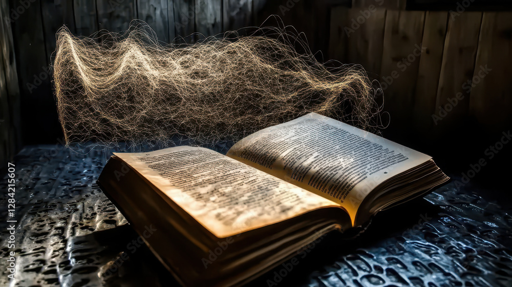 Aufkleber torn book page floats above, surrounded by gentle sound ripples in a minimalist space of wonder