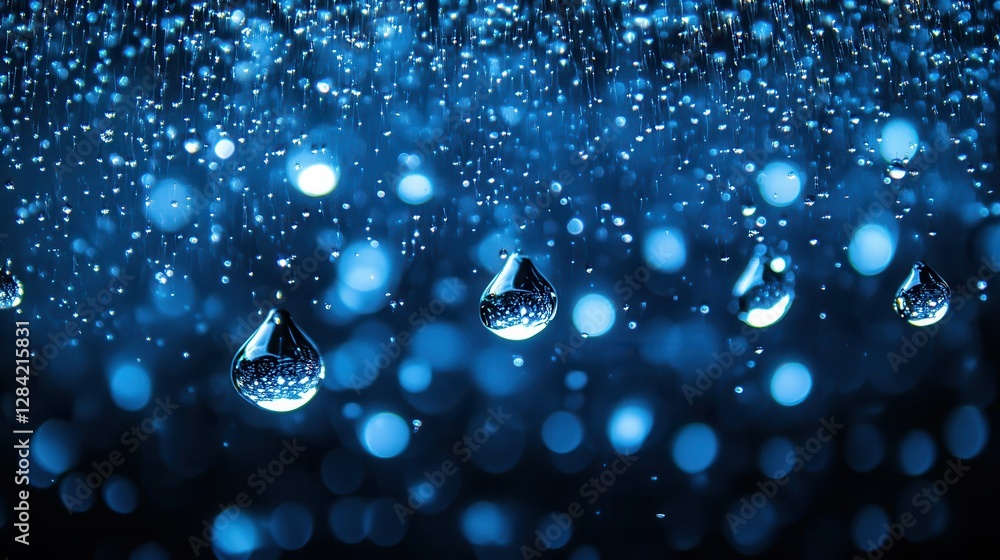 Poster macro view of water droplets with bokeh effect in deep blue light