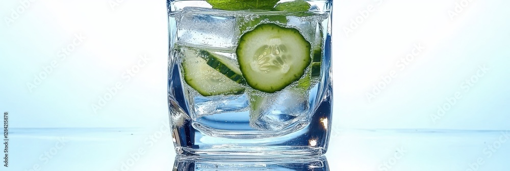 Poster refreshing cucumber water in a clear glass with ice for hydration and simplicity