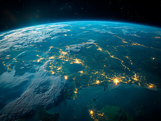 Vista aérea do planeta Terra, mostrando de longe as luzes das cidades iluminando a superfície do planeta