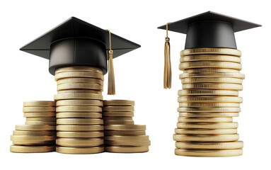 Graduation Financial Stacks, Caps on Coin Piles, Symbolizing Education Costs and Investment Isolated on white background or PNG