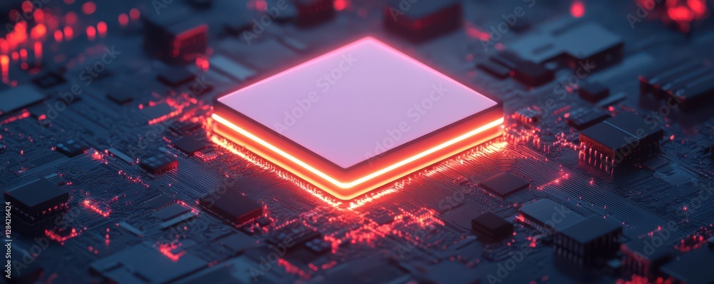Poster glowing microchip on circuit board with neon red light