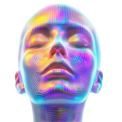 Digital Dreamscape, vibrant wireframe face with rainbow hues, eyes closed in serene expression, futuristic art. Isolated on white background or PNG