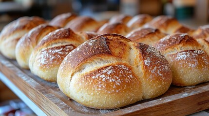 Freshly Baked Rustic Bread Rolls Displayed on a Wooden Tray Ready to Eat Gourmet Food Photography