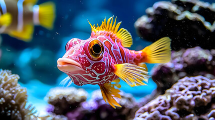 Vibrant Colorful Fish with Red Pattern Swimming Near Coral Reef in Blue Water