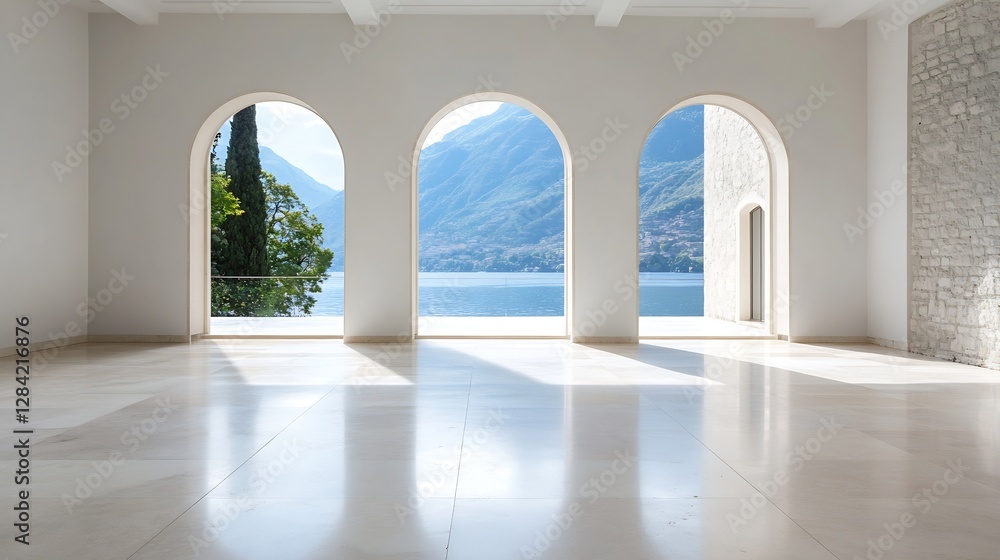 Poster elegant interior space featuring bright sunlight streaming through large arches with stunning views 